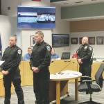 From left, Soldotna Mayor Paul Whitney swears in new Soldotna Police Officers AJ Fresquez and Reid Culver while Police Chief Dale Gene Meek looks on during a meeting of the Soldotna City Council on Wednesday in Soldotna. (Ashlyn OHara/Peninsula Clarion)