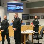 From left, Soldotna Mayor Paul Whitney swears in new Soldotna Police Officers AJ Fresquez and Reid Culver while Police Chief Dale "Gene" Meek looks on during a meeting of the Soldotna City Council on Wednesday, Nov. 9, 2022 in Soldotna, Alaska. (Ashlyn O'Hara/Peninsula Clarion)