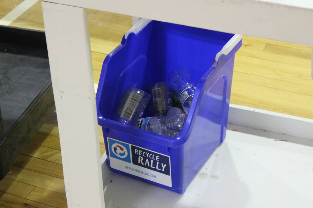 A container collects recyclables at Sterling Elementary School on Thursday, Nov. 10, 2022 in Sterling, Alaska. (Ashlyn OHara/Peninsula Clarion)