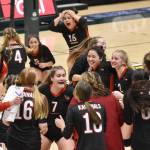 Kenai celebrates winning the Class 3A state title Saturday, Nov. 12, 2022, at the Alaska Airlines Center in Anchorage, Alaska. (Photo by Jeff Helminiak/Peninsula Clarion)