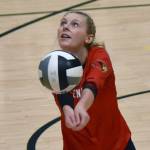 Kenais Kimberly Chanley digs up a ball Saturday, Nov. 12, 2022, in the Class 3A state championship at the Alaska Airlines Center in Anchorage, Alaska. (Photo by Jeff Helminiak/Peninsula Clarion)
