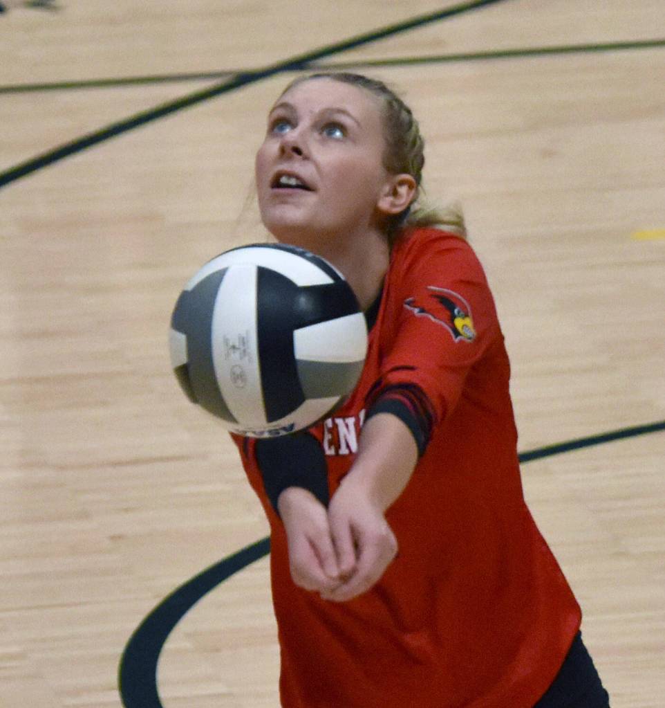 Kenais Kimberly Chanley digs up a ball Saturday, Nov. 12, 2022, in the Class 3A state championship at the Alaska Airlines Center in Anchorage, Alaska. (Photo by Jeff Helminiak/Peninsula Clarion)