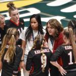 Kenai head coach Tracie Beck addresses her team Saturday, Nov. 12, 2022, in the Class 3A state championship at the Alaska Airlines Center in Anchorage, Alaska. (Photo by Jeff Helminiak/Peninsula Clarion)