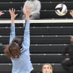Kenais Genesis Trevino attacks against Valdezs Masen Holmes and Lily Taylor Brown on Saturday, Nov. 12, 2022, in the Class 3A state championship at the Alaska Airlines Center in Anchorage, Alaska. (Photo by Jeff Helminiak/Peninsula Clarion)