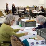 Pat Tynan, left, and Tom Melville, review absentee ballots Tuesday, Nov. 15, 2022, at the Division of Elections office at the Mendenhall Mall in Juneau, Alaska. The review process is taking place in a separate room from where ballots are being tallied for the official results. (Mark Sabbatini / Juneau Empire)
Pat Tynan, left, and Tom Melville, review absentee ballots Tuesday, Nov. 15, 2022, at the Division of Elections office at the Mendenhall Mall in Juneau, Alaska. The review process is taking place in a separate room from where ballots are being tallied for the official results. (Mark Sabbatini / Juneau Empire)