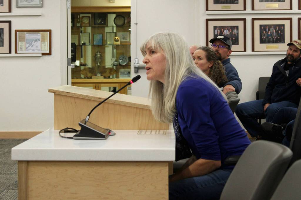 Kasilof resident Carolyn Roush testifies in support of privately-owned boat takeouts on the lower Kasilof River during a Kenai peninsula Borough Assembly meeting on Tuesday, Nov. 15, 2022, in Soldotna, Alaska. (Ashlyn OHara/Peninsula Clarion)