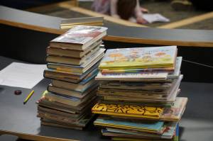 Some of the Homer Public Library books a citizens group has asked be removed from the childrens section lie on a table at the meeting of the Library Advisory Board on Nov. 15, 2022, in the Cowles Council Chambers at Homer City Hall in Homer, Alaska. (Photo by Michael Armstrong/Homer News)