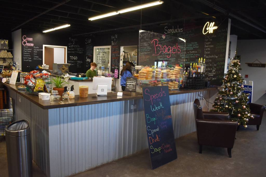 Bagels, coffee and soup are on offer at Everything Bagels in Soldotna, Alaska, on Thursday, Nov. 17, 2022. (Jake Dye/Peninsula Clarion)