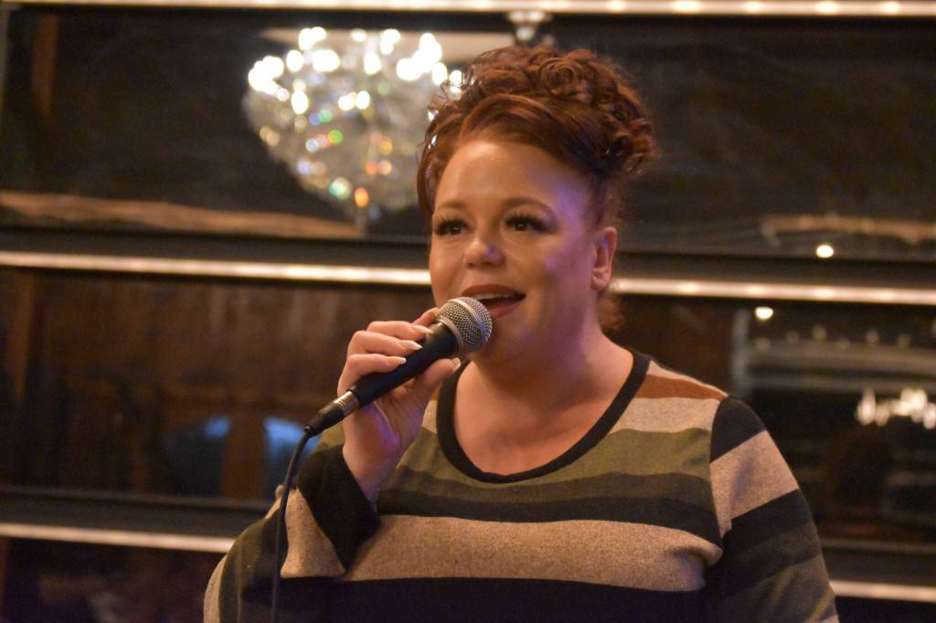 Soldotna Chamber of Commerce Executive Director Shanon Davis speaks during the Spark Soldotna Shark Tank Event on Friday, Nov. 18, 2022, at The Lone Moose Lodge in Soldotna, Alaska. (Jake Dye/Peninsula Clarion)