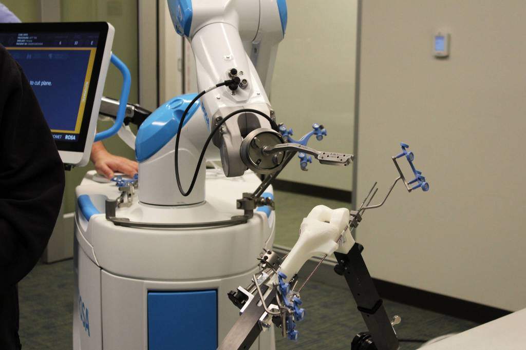 ROSA assists Dr. Michael Reyes with a demonstration of a knee replacement surgery at Central Peninsula Hospital on Monday, Nov. 21, 2022, in Soldotna, Alaska. (Ashlyn OHara/Peninsula Clarion)