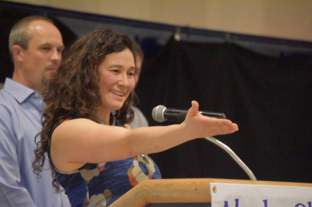 Tela ODonnell-Bacher speaks while being inducted to the National Wrestling Hall of Fame following the duel wrestling meet on Tuesday, Nov. 22, 2022, at Soldotna High School in Soldotna, Alaska. (Jake Dye/Peninsula Clarion)
