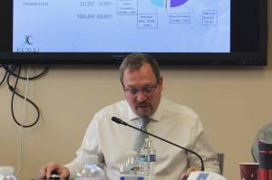 Kenai Finance Director Terry Eubank presents during a budget work session on Saturday, May 14, 2022, in Kenai, Alaska. (Ashlyn OHara/Peninsula Clarion)