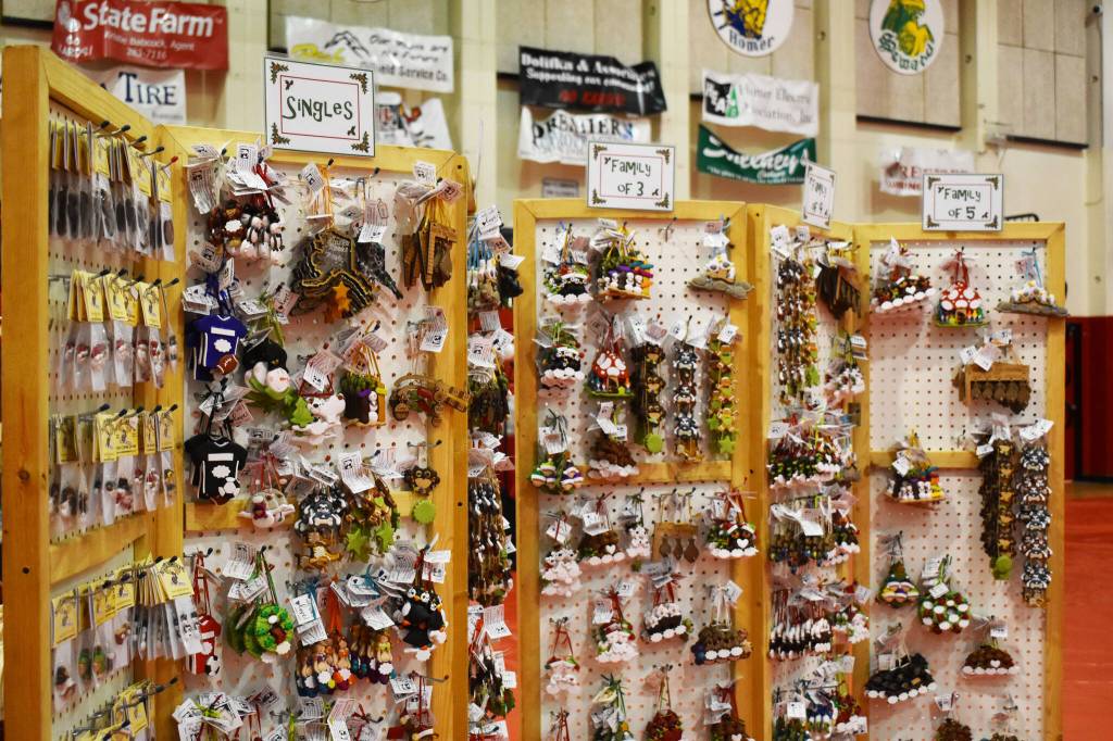 An array of ornaments and other crafts are seen, ready to be sold, ahead of the Kenai Arts & Crafts Fair during early set up at Kenai Central High School in Kenai, Alaska, on Wednesday, Nov. 23, 2022. (Jake Dye/Peninsula Clarion)