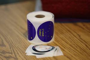 A roll of I Voted stickers await voters on Election Day in Alaska. Voters overwhelmingly rejected the prospect of a state constitutional convention. (Ben Hohenstatt / Juneau Empire File)