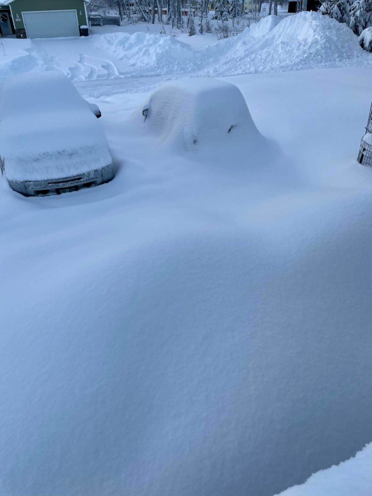 Snow blankets a neighborhood in the West Riverview Avenue area in Soldotna, Alaska, on Monday, Dec. 12, 2022. (Photo courtesy Matthew Rundle)