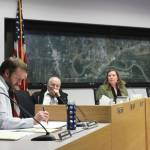 Soldotna Public Works Director Kyle Kornelis, left, talks about the Soldotna field house project during a Soldotna City Council meeting on Wednesday, Dec. 14, 2022 in Soldotna, Alaska. (Ashlyn OHara/Peninsula Clarion)