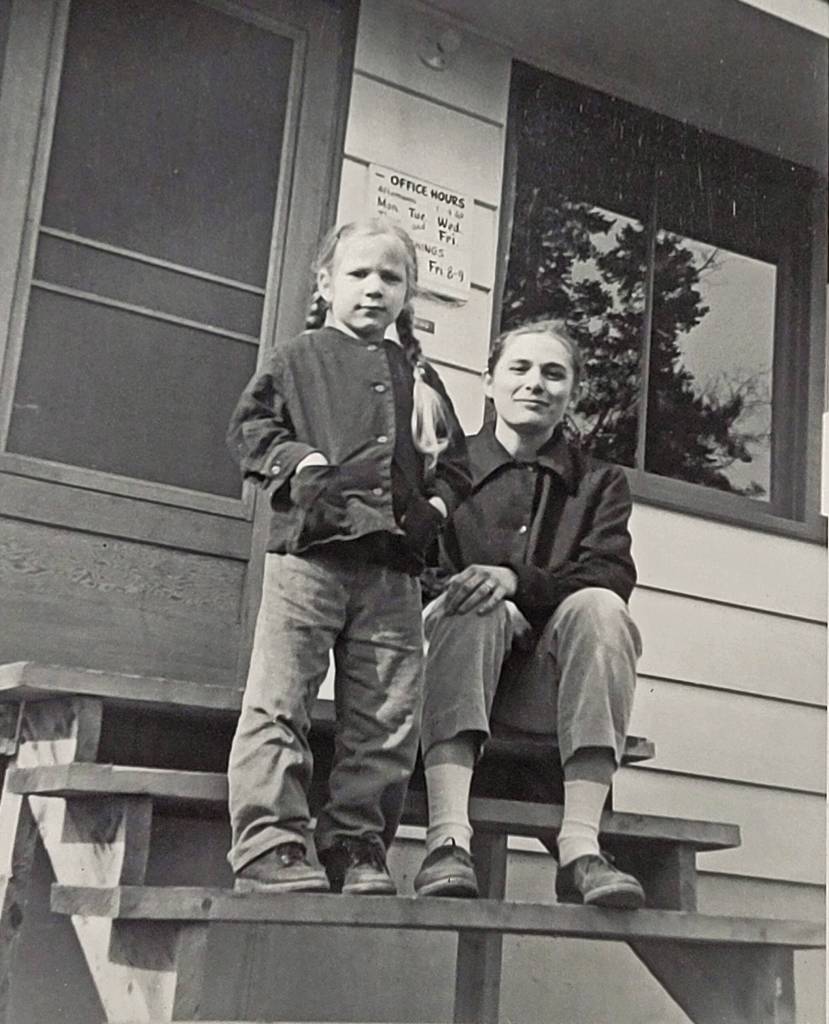 Marian and Grace Goble on the steps of Marians medical clinic on what is now McCollum Drive in Kenai, circa 1959-60. (Photo courtesy of Ben and Marian Goble)