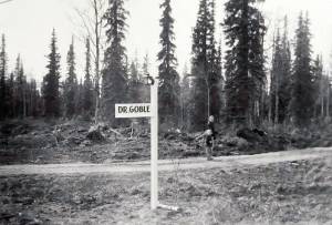 Near Dr. Gobles clinic, Marian and Grace Goble walk down an early version of McCollum Drive in Kenai, circa 1959-60. (Photo courtesy of Ben and Marian Goble)