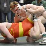 Soldotnas Liam Babitt defeats West Valleys Pete Macchione for the Division I state title at 215 pounds Saturday, Dec. 18, 2022, at the state wrestling tournament at the Alaska Airlines Center in Anchorage, Alaska. (Photo by Jeff Helminiak/Peninsula Clarion)