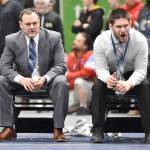 Soldotna head coach Neldon Gardner and Soldotna assistant Aaron Gordon coach their last meet for the Stars on Saturday, Dec. 18, 2022, at the state wrestling tournament at the Alaska Airlines Center in Anchorage, Alaska. (Photo by Jeff Helminiak/Peninsula Clarion)