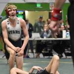 Soldotnas Jacob Strausbaugh celebrates winning the Division I state title at 112 pounds Saturday, Dec. 18, 2022, at the state wrestling tournament at the Alaska Airlines Center in Anchorage, Alaska. (Photo by Jeff Helminiak/Peninsula Clarion)