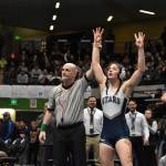 Soldotna senior Trinity Donovan celebrates her fourth state championship Saturday, Dec. 17, 2022, at the Girls state wrestling tournament at the Alaska Airlines Center in Anchorage, Alaska. (Photo by Jeff Helminiak/Peninsula Clarion)