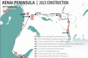 A map of 2023 construction projects on the Kenai Peninsula shared during the Kenai Peninsula Economic Development Districts Industry Outlook Forum on Thursday, Jan. 5, 2023, at the Christian Community Church in Homer, Alaska. (Screenshot)