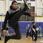Megan Pacer / Homer News file
James Mishakoff of Tebughna School in Tyonek just misses connecting with the ball during the 1-foot high kick event at the Kachemak Bay Traditional Games, a Native Youth Olympics invite, March 7, 2020, at Homer High School.