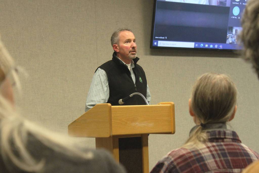 Alaska Division of Parks and Outdoor Recreation Kenai/Prince William Sound Superintendent Jack Blackwell fields questions about the Kasilof River Drift Boat Retrieval project at the Gilman River Center on Tuesday, Jan. 10, 2023 near Soldotna, Alaska. (Ashlyn OHara/Peninsula Clarion)