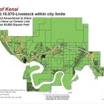 A map shows areas in the City of Kenai, that would allow chicken hens on lots less than 40,000 square feet under an ordinance proposed by the Kenai City Council. (map via City of Kenai)