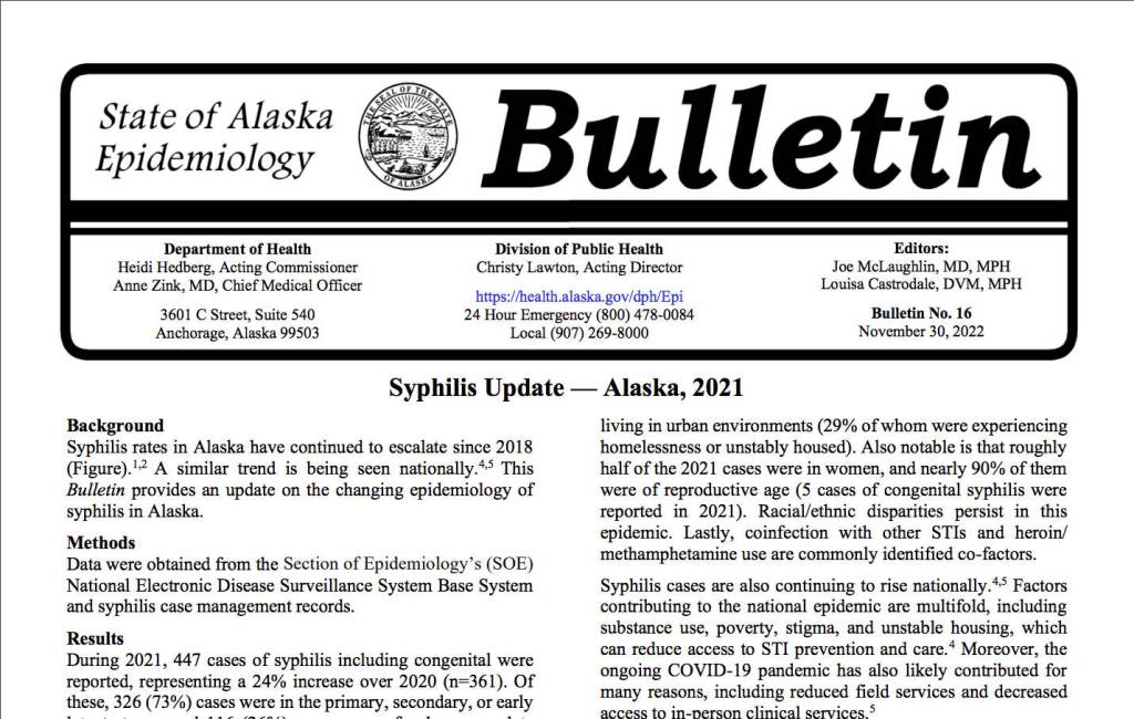 The State of Alaska Epidemiology Bulletin that includes Syphilis Update  Alaska, 2021. (Screenshot)