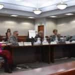 The Alaska Judicial Council listens to public testimony during the public hearing held as part of the selection process for a new Kenai Superior Court Judge on Monday, Jan. 23, 2023, at the Kenai Courthouse in Kenai, Alaska. Members include (from left to right) Geraldine Simon, Lynne Gallant, Dave Parker, Chief Justice Daniel E. Winfree, Kristie Babcock, Patricia A. Collins and Jonathon Katcher. (Jake Dye/Peninsula Clarion)