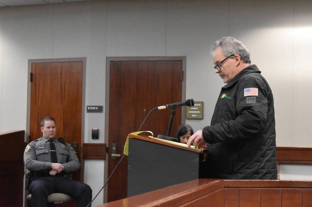 David Haeg speaks during the public hearing held as part of the selection process for a new Kenai Superior Court Judge on Monday, Jan. 23, 2023, at the Kenai Courthouse in Kenai, Alaska. (Jake Dye/Peninsula Clarion)