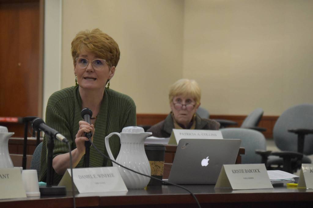 Kritie Babcock, a member of the Alaska Judicial Council, speaks during the public hearing held as part of the selection process for a new Kenai Superior Court Judge on Monday, Jan. 23, 2023, at the Kenai Courthouse in Kenai, Alaska. (Jake Dye/Peninsula Clarion)