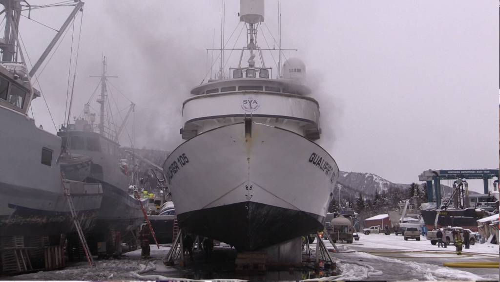 Photos by Nika Wolfe
Smoke emerges from R/V Qualifier, which caught on fire in the Northern Enterprises Boatyard on Kachemak Drive, Jan. 19.