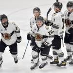 Kenai River Brown Bears forward Ryan Finch (20) celebrates his second-period goal Saturday, Jan. 28, 2023, at the Soldotna Regional Sports Complex in Soldotna, Alaska. (Photo by Jeff Helminiak/Peninsula Clarion)