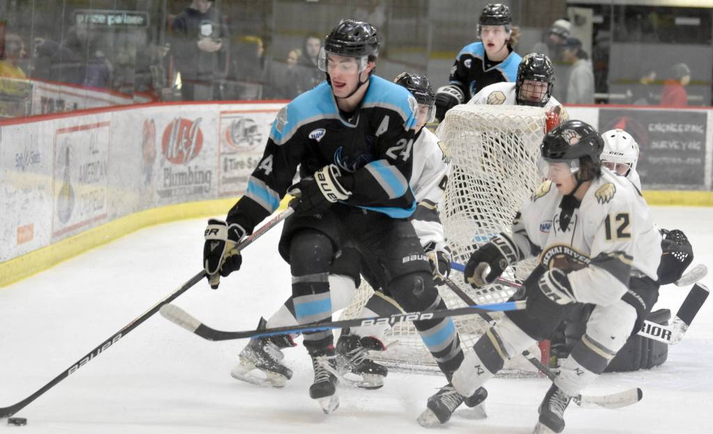 Kenai River Brown Bears defenseman Joe Manning challenges Wisconsin Windigo forward Benjamin Anderson for the puck Saturday, Jan. 28, 2023, at the Soldotna Regional Sports Complex in Soldotna, Alaska. (Photo by Jeff Helminiak/Peninsula Clarion)