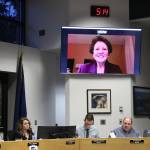 Soldotna City Council members interview city manager applicant Elke Doom (on screen) during a special city council meeting on Monday, Jan. 30, 2023. (Ashlyn OHara/Peninsula Clarion)