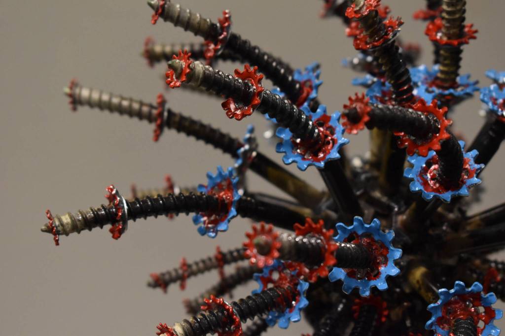 Metal branches reach out from a sculpture seen Tuesday, Jan. 31, 2023, at the Kenai Art Center, in Kenai, Alaska, as part of Metalwork & Play. (Jake Dye/Peninsula Clarion)