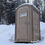 A recently added port-a-potty is available in the parking lot of Slikok Multi-Use Trails on Thursday, Feb. 2, 2023, in Soldotna, Alaska. (Jake Dye/Peninsula Clarion)