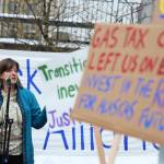 Independent Rep. Alyse Galvin of Anchorage speaks to a crowd of climate activists who held a rally outside the Alaska State Capitol on Friday, Feb. 3, 2023, to advocate for legislative action to improve Alaskas renewable energy development and future sustainability. (Clarise Larson / Juneau Empire)