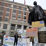 Climate activists hold a rally outside the Alaska State Capitol on Friday, Feb. 3, 2023, to advocate for legislative action to improve Alaskas renewable energy development and future sustainability. (Clarise Larson / Juneau Empire)