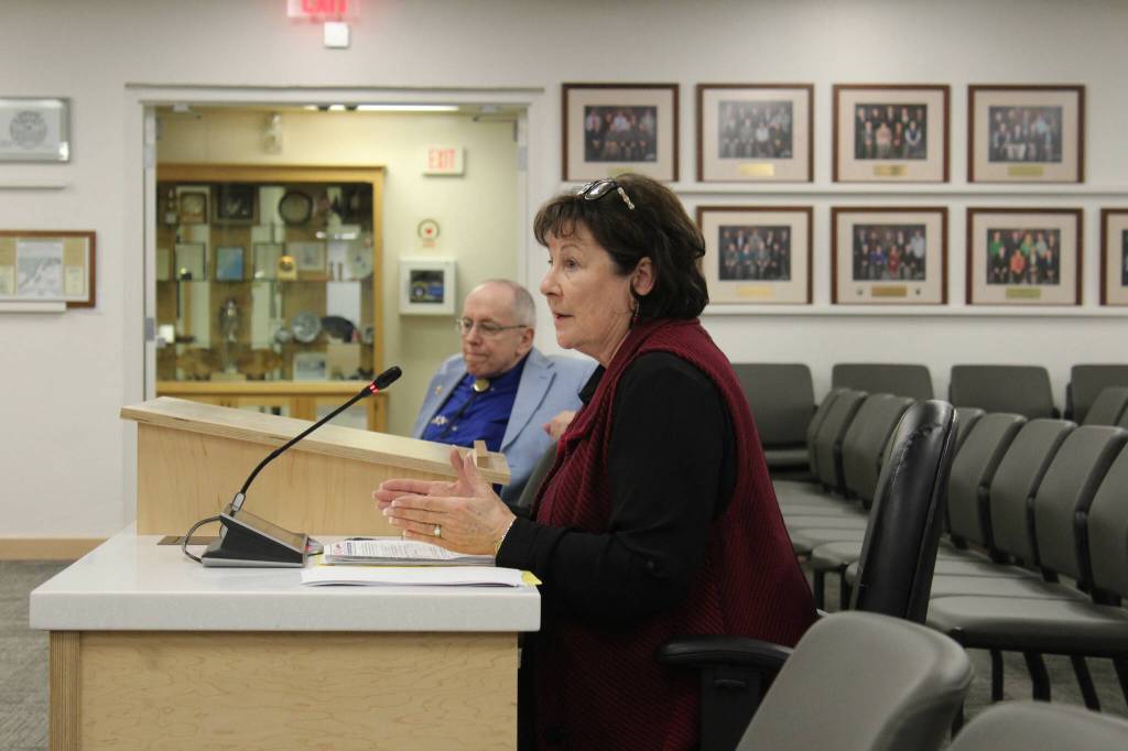 Kenai Peninsula Borough mayoral candidate Linda Farnsworth-Hutchings addresses the KPBSD Board of Education on Monday, Feb. 6, 2023, in Soldotna, Alaska. (Ashlyn OHara/Peninsula Clarion)