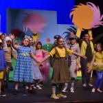 Morgan Hooper, as Jojo, and the cast of Triumvirate Theatres production of Seussical rehearse on Wednesday, Feb. 8, 2023, in the Renee C. Henderson Auditorium at Kenai Central High School in Kenai, Alaska. (Jake Dye/Peninsula Clarion)