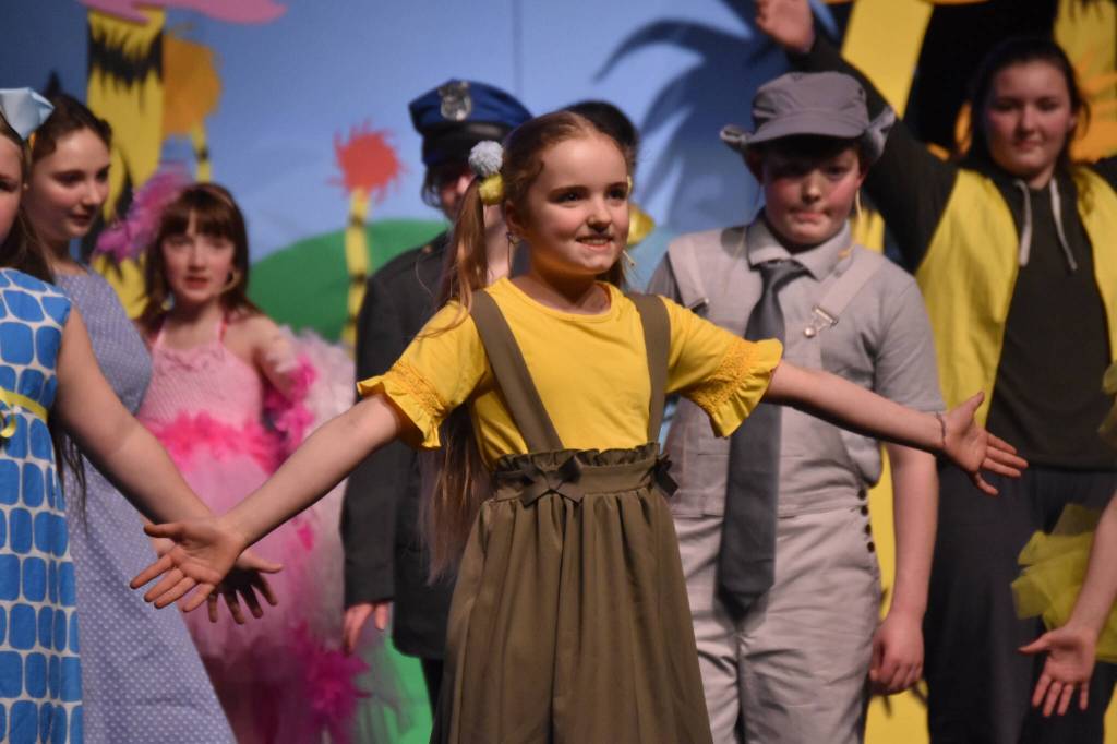 Morgan Hooper, as Jojo, and the cast of Triumvirate Theatres production of Seussical rehearse on Wednesday, Feb. 8, 2023, in the Renee C. Henderson Auditorium at Kenai Central High School in Kenai, Alaska. (Jake Dye/Peninsula Clarion)
