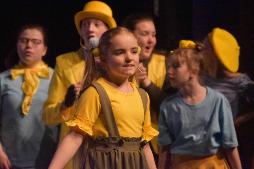 Morgan Hooper and the cast of Triumvirate Theatres production of Seussical rehearse on Wednesday, Feb. 8, 2023, in the Renee C. Henderson Auditorium at Kenai Central High School in Kenai, Alaska. (Jake Dye/Peninsula Clarion)