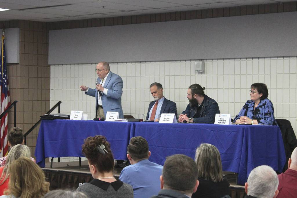 From left, borough mayoral candidates Dave Carey, Peter Micciche, Zachary Hamilton and Linda Farnsworth-Hutchings participate in a candidate forum held at the Soldotna Regional Sports Complex on Wednesday, Feb. 8, 2023, in Soldotna, Alaska. (Ashlyn OHara/Peninsula Clarion)