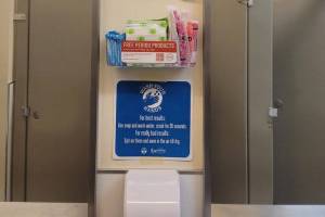 The first period product caddy to be installed is seen at Soldotna Montessori Charter School on Jan. 30, 2023, in Soldotna, Alaska. (Photo courtesy Chera Wackler)