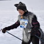 Sara Mahood, dressed as the Wolf, skis at the 19th annual Ski For Women on Sunday, Feb. 12, 2023, at Tsalteshi Trails just outside of Soldotna, Alaska. Mahood was part of the winning costume of Little Red Riding Hood and the Big Bad Wolf. Not pictured, Leslie Boyd was Little Red Riding Hood, Sue Seggerman was the Woodcutter and Gigi Banas was Grandma. (Photo by Jeff Helminiak/Peninsula Clarion)