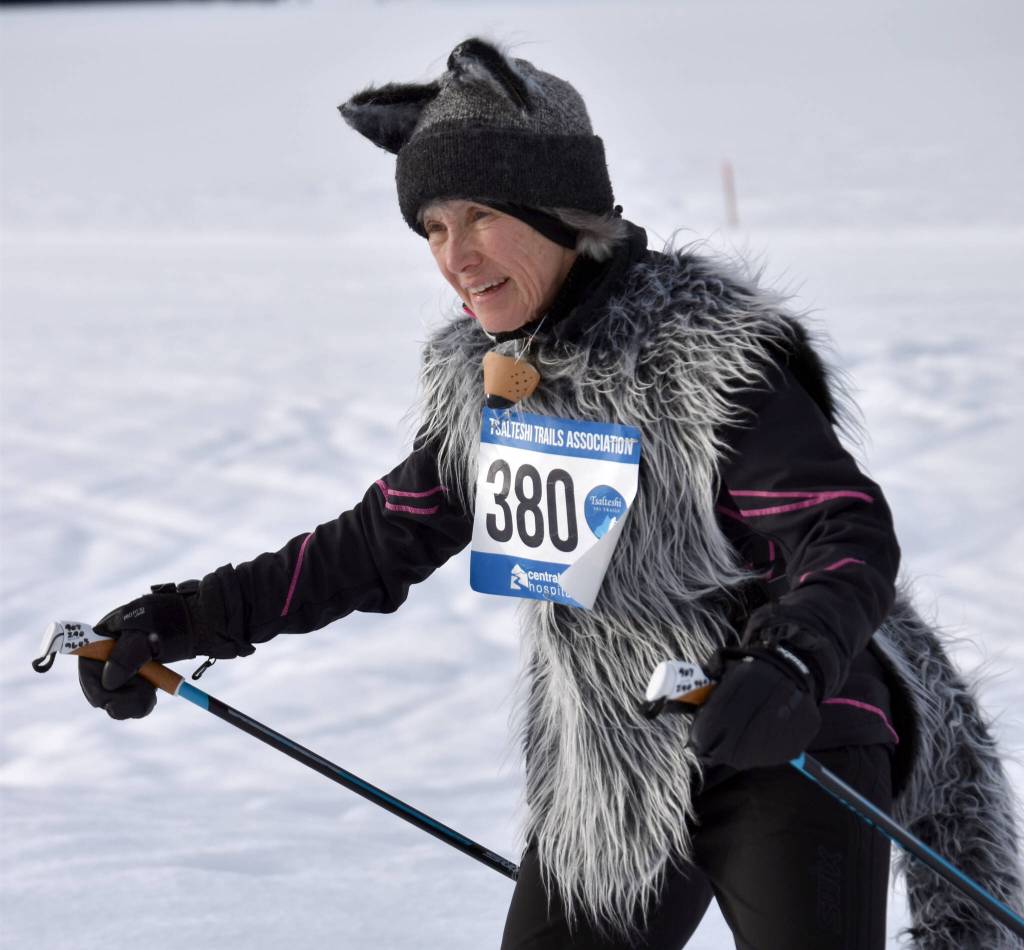 Sara Mahood, dressed as the Wolf, skis at the 19th annual Ski For Women on Sunday, Feb. 12, 2023, at Tsalteshi Trails just outside of Soldotna, Alaska. Mahood was part of the winning costume of Little Red Riding Hood and the Big Bad Wolf. Not pictured, Leslie Boyd was Little Red Riding Hood, Sue Seggerman was the Woodcutter and Gigi Banas was Grandma. (Photo by Jeff Helminiak/Peninsula Clarion)